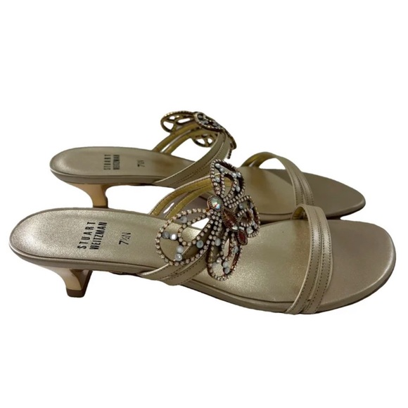 Vintage Stuart Weitzman Gold Embellished Butterfly Kitten Heels Size 7.5 - Picture 1 of 7